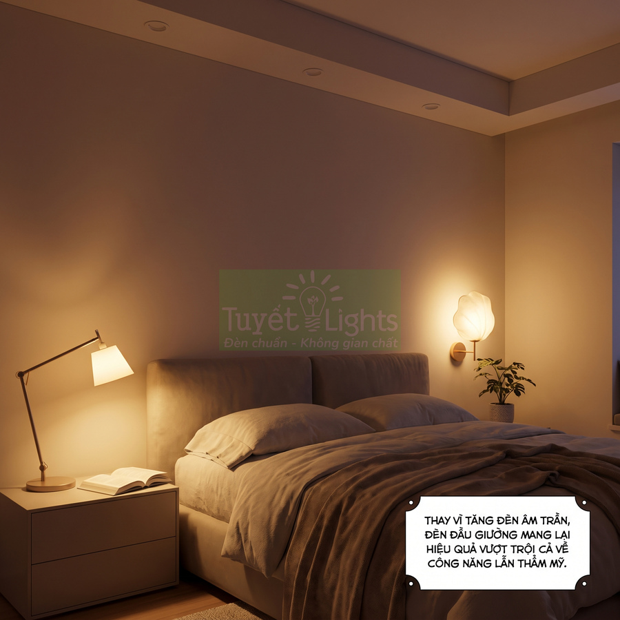 Đèn đầu giường Tuyết Lights chiếu sáng ấm áp cho phòng ngủ hiện đại với giường và bàn cạnh giường